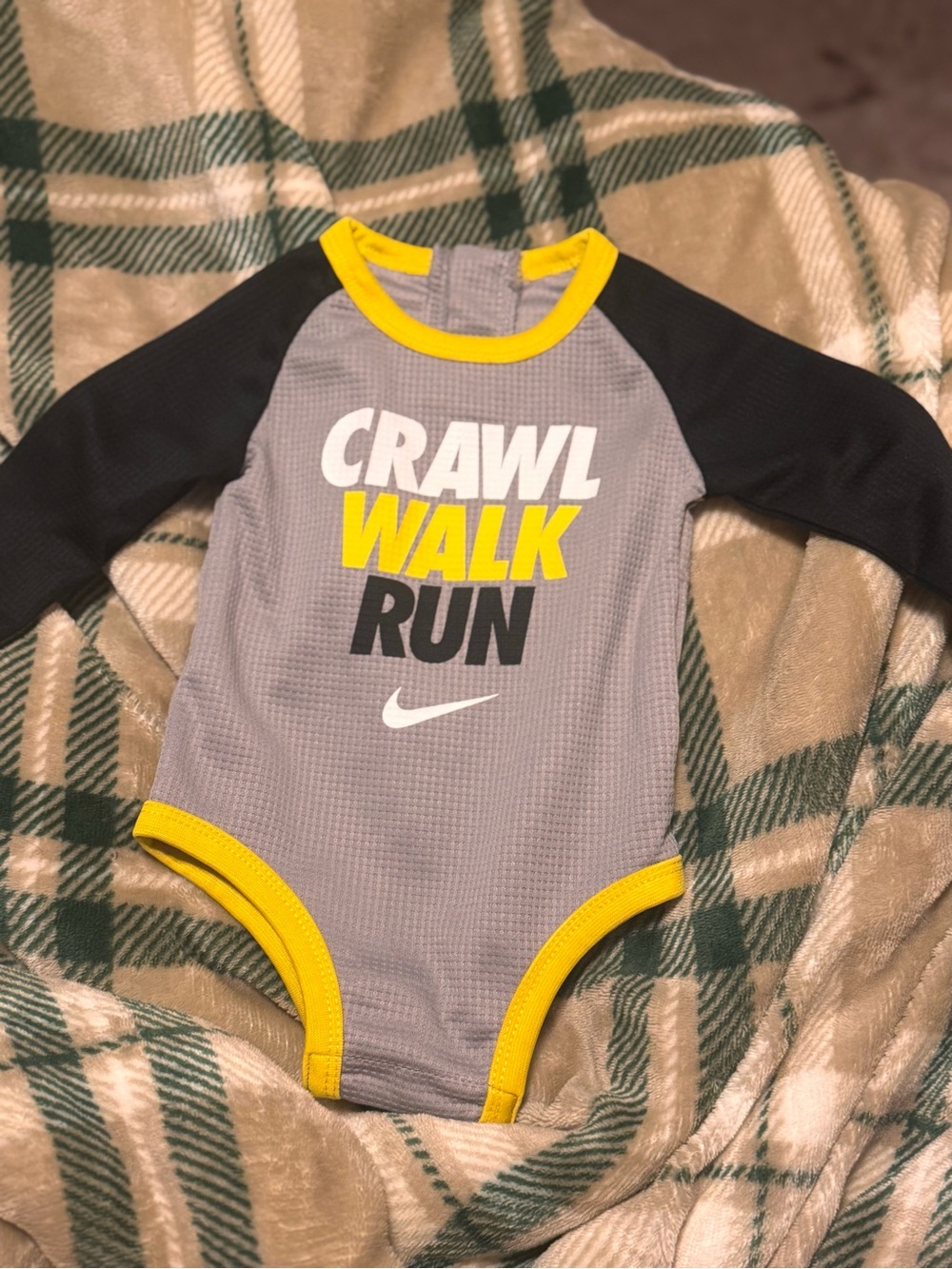 Nike Gray, Black & Yellow 'Crawl Walk Run' Baby Bodysuit